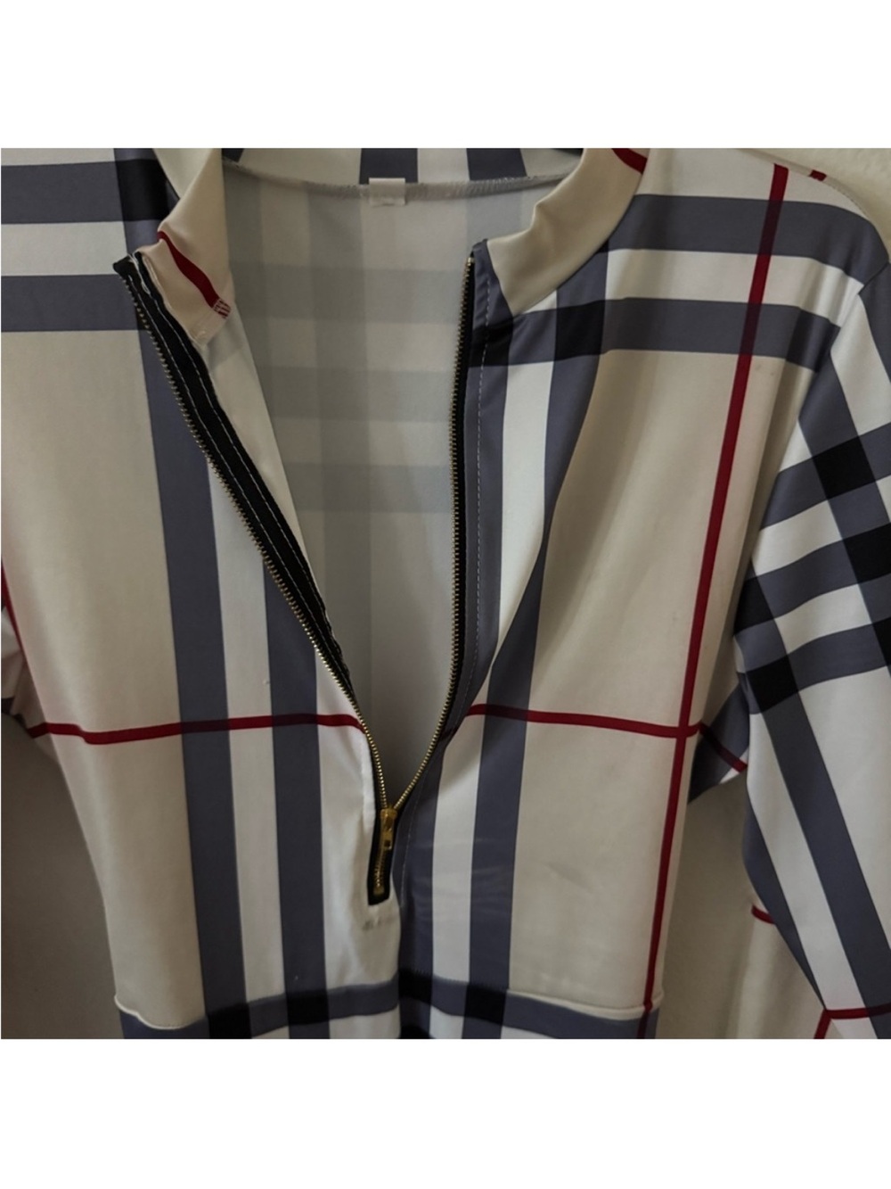 Plaid Nova Zip-Front Shirt Dress in White, Black & Red